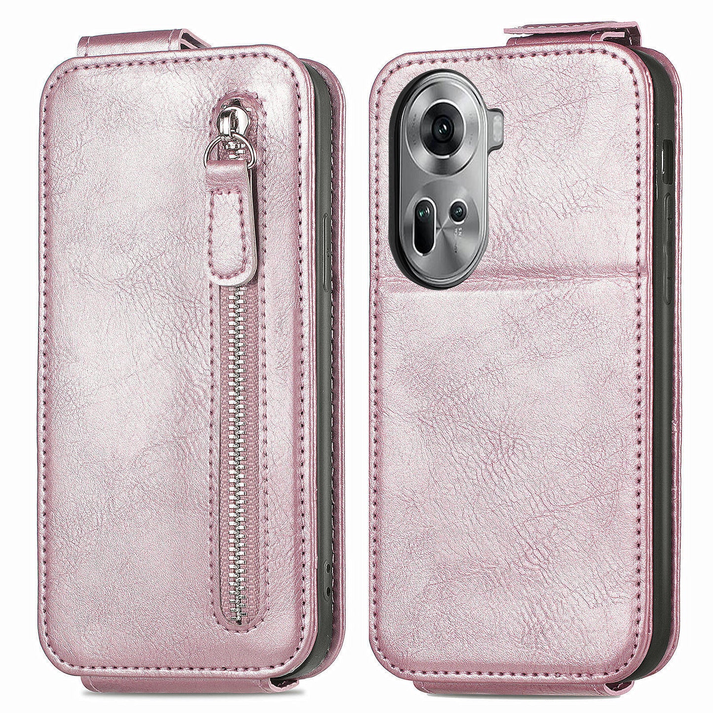 For Oppo Reno11 5G (Global) Cell Phone Case Zipper Pocket Vertical Flip PU Leather Anti-drop Cover - Rose Gold