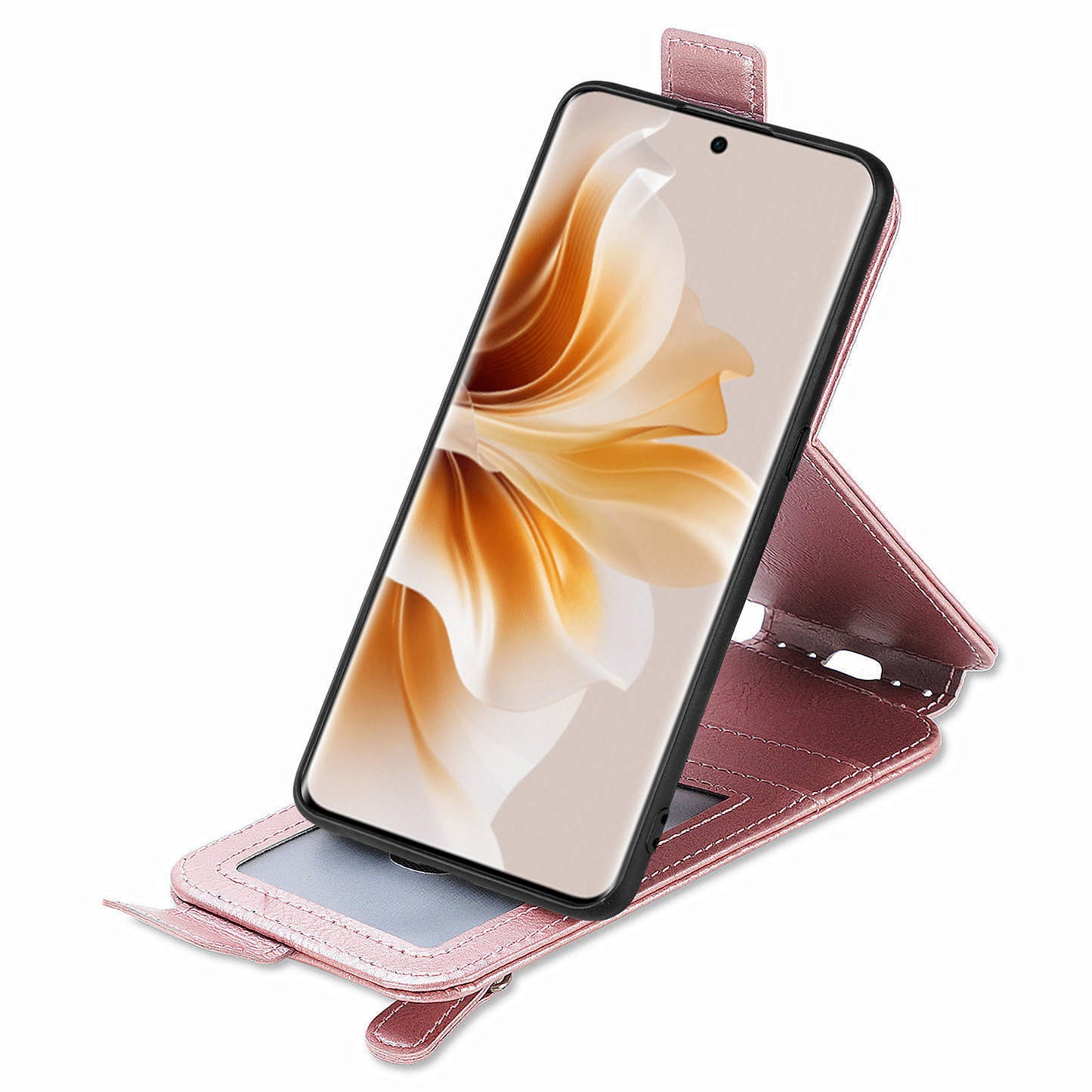 For Oppo Reno11 5G (Global) Cell Phone Case Zipper Pocket Vertical Flip PU Leather Anti-drop Cover - Rose Gold