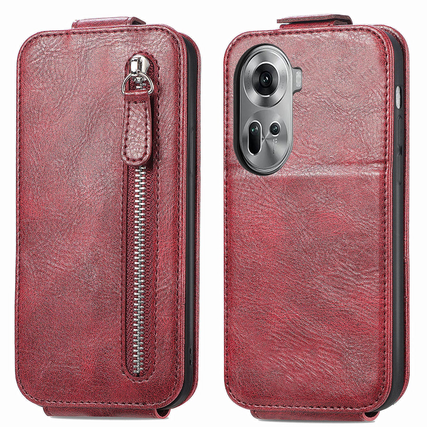 For Oppo Reno11 5G (Global) Cell Phone Case Zipper Pocket Vertical Flip PU Leather Anti-drop Cover - Wine Red