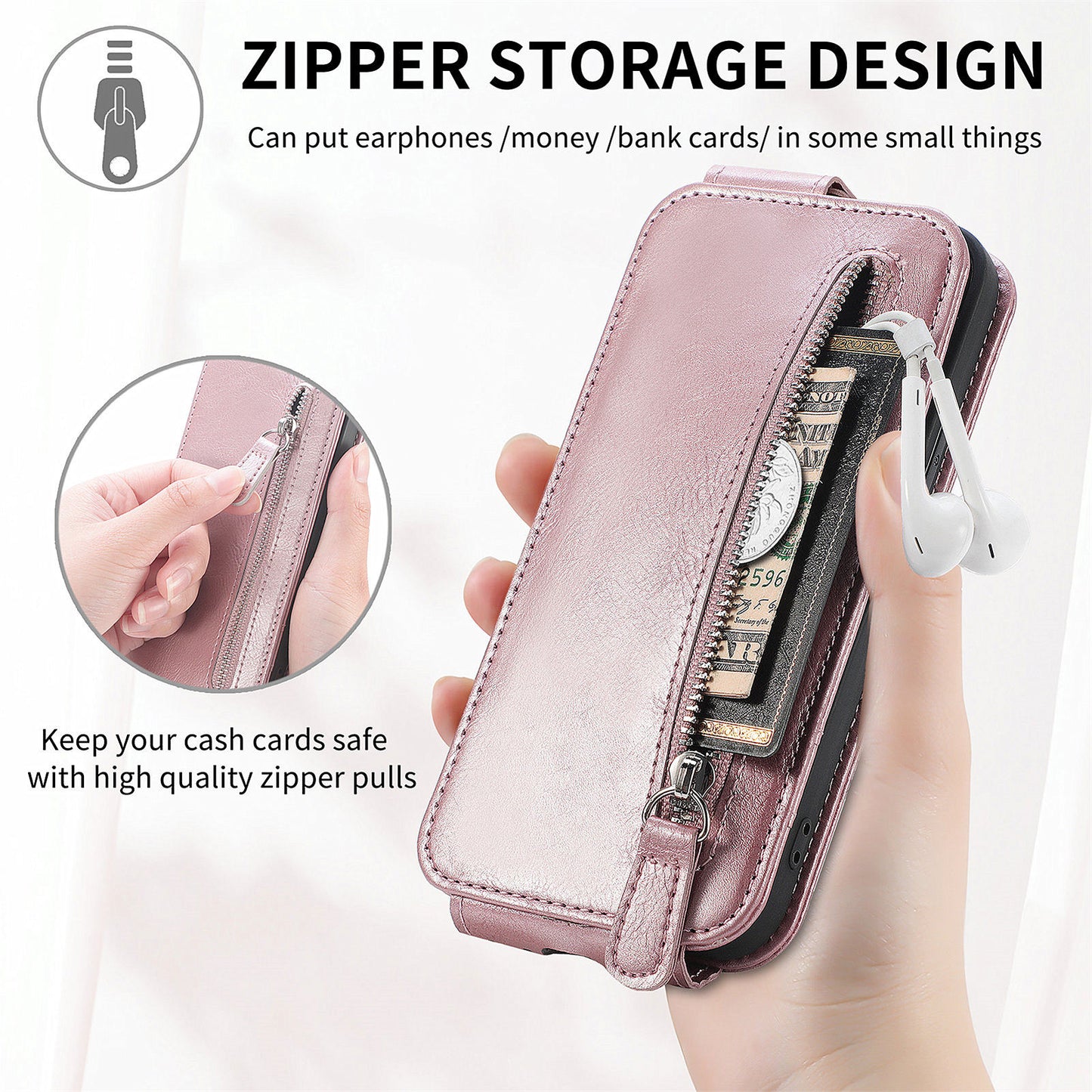 For Samsung Galaxy S24+ Case Zipper Wallet PU Leather Stand Phone Cover - Rose Gold