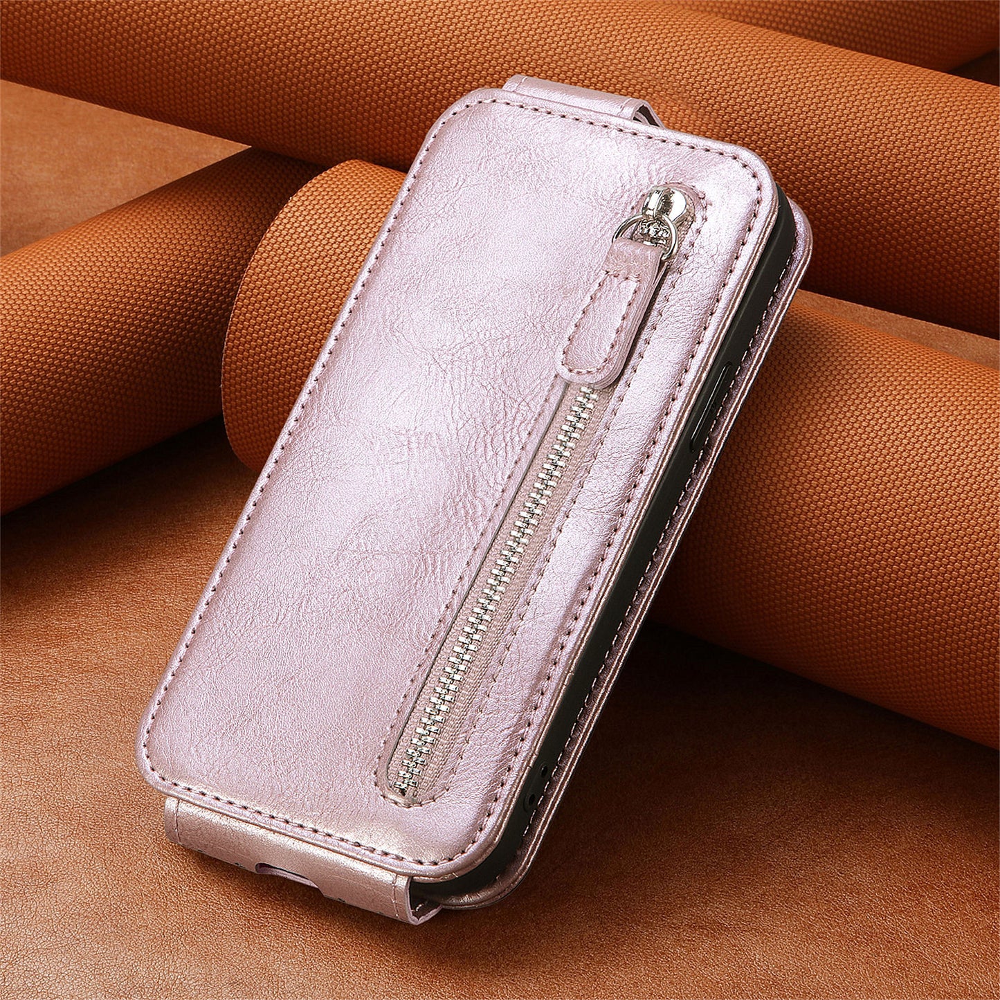 For Samsung Galaxy S24+ Case Zipper Wallet PU Leather Stand Phone Cover - Rose Gold
