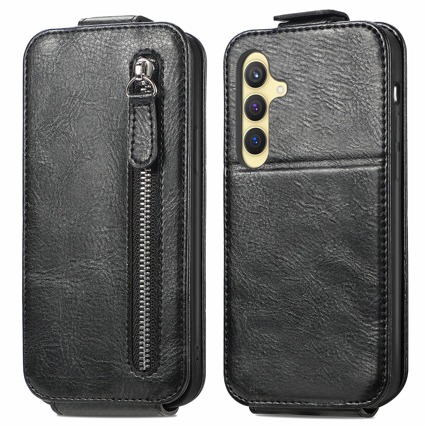 For Samsung Galaxy S24+ Case Zipper Wallet PU Leather Stand Phone Cover - Black