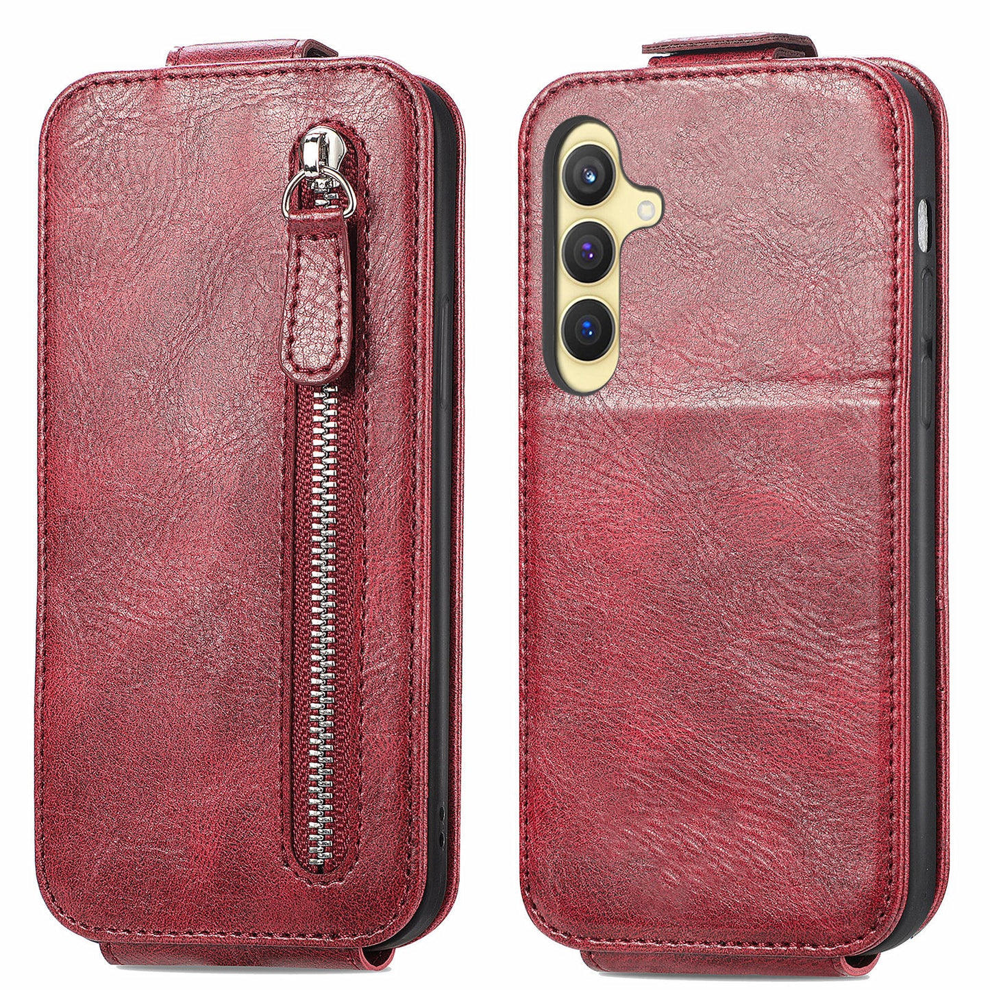 For Samsung Galaxy S24+ Case Zipper Wallet PU Leather Stand Phone Cover - Wine Red