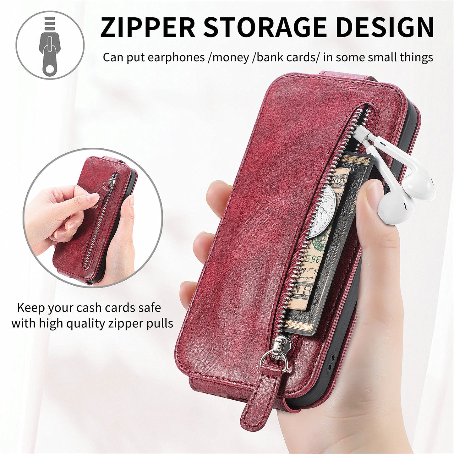 For Samsung Galaxy S24+ Case Zipper Wallet PU Leather Stand Phone Cover - Wine Red