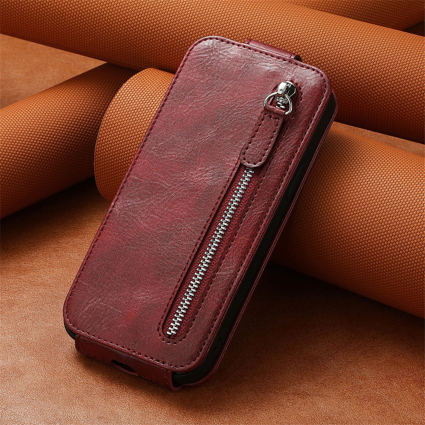 For Samsung Galaxy S24+ Case Zipper Wallet PU Leather Stand Phone Cover - Wine Red