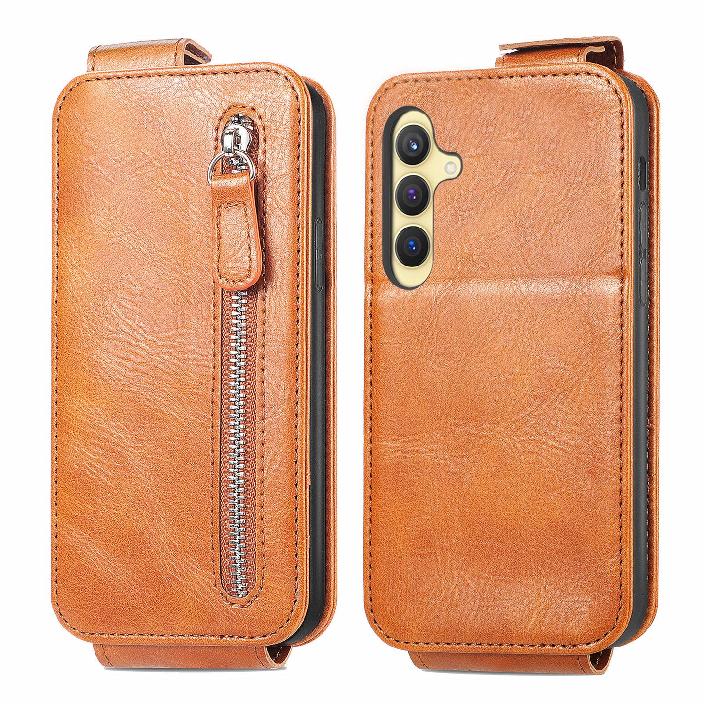 For Samsung Galaxy S24+ Case Zipper Wallet PU Leather Stand Phone Cover - Brown