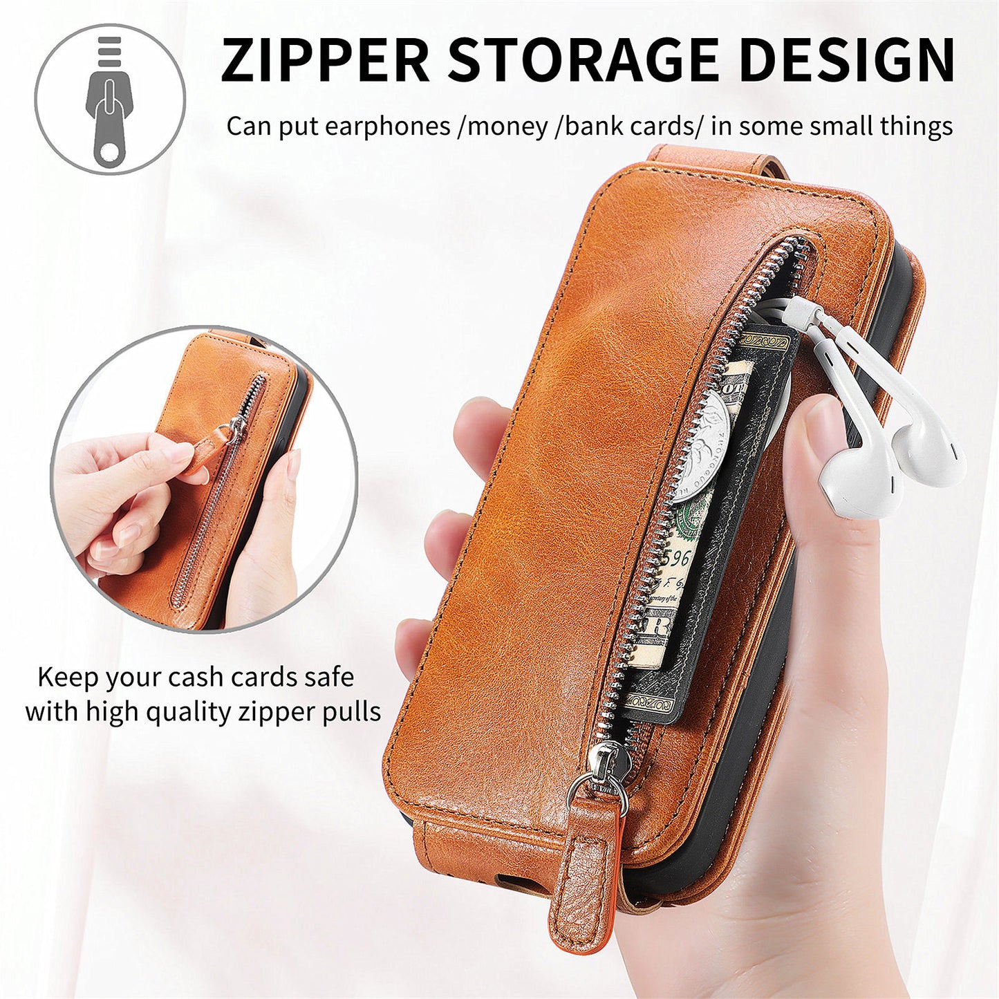 For Samsung Galaxy S24+ Case Zipper Wallet PU Leather Stand Phone Cover - Brown