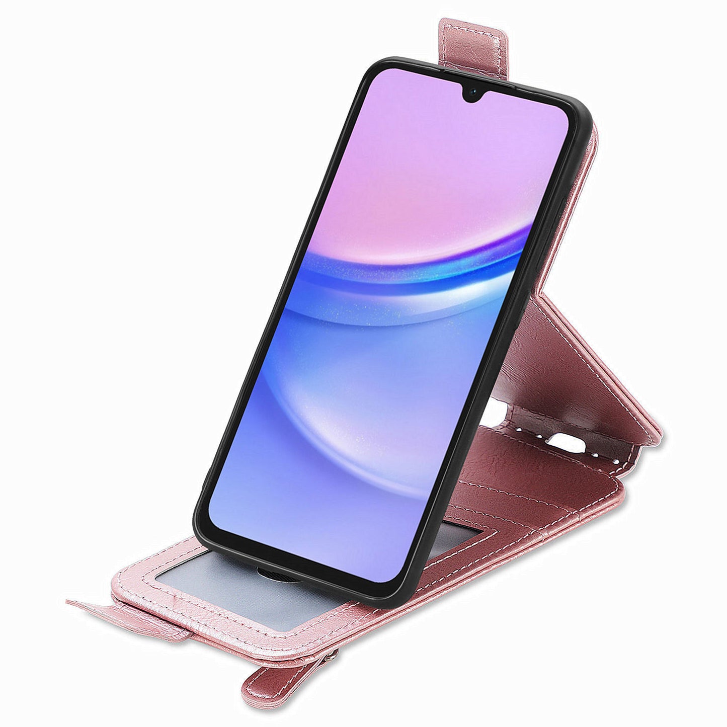 For Samsung Galaxy A15 4G Case Zipper Pocket PU Leather Vertical Flip Wallet Phone Cover - Rose Gold