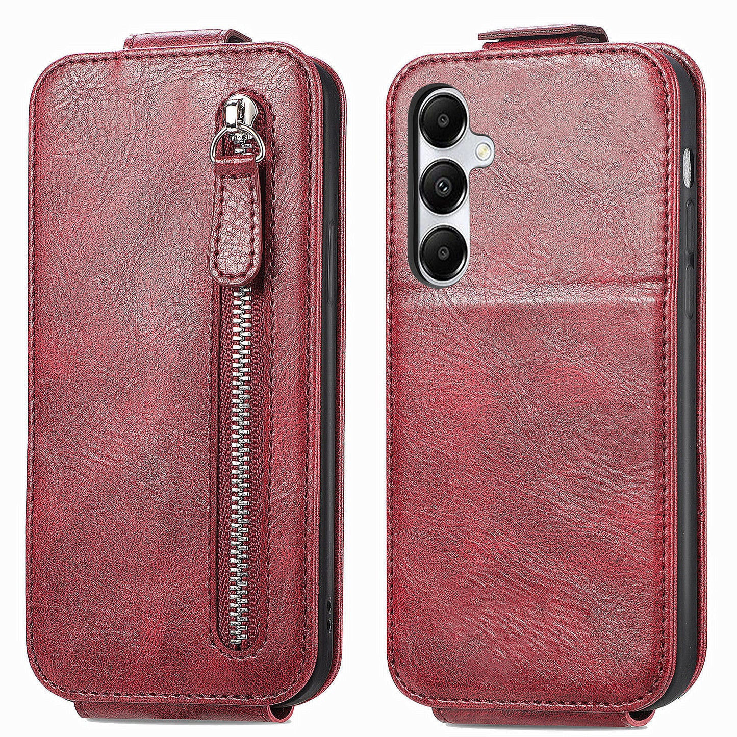 For Samsung Galaxy A15 4G Case Zipper Pocket PU Leather Vertical Flip Wallet Phone Cover - Wine Red