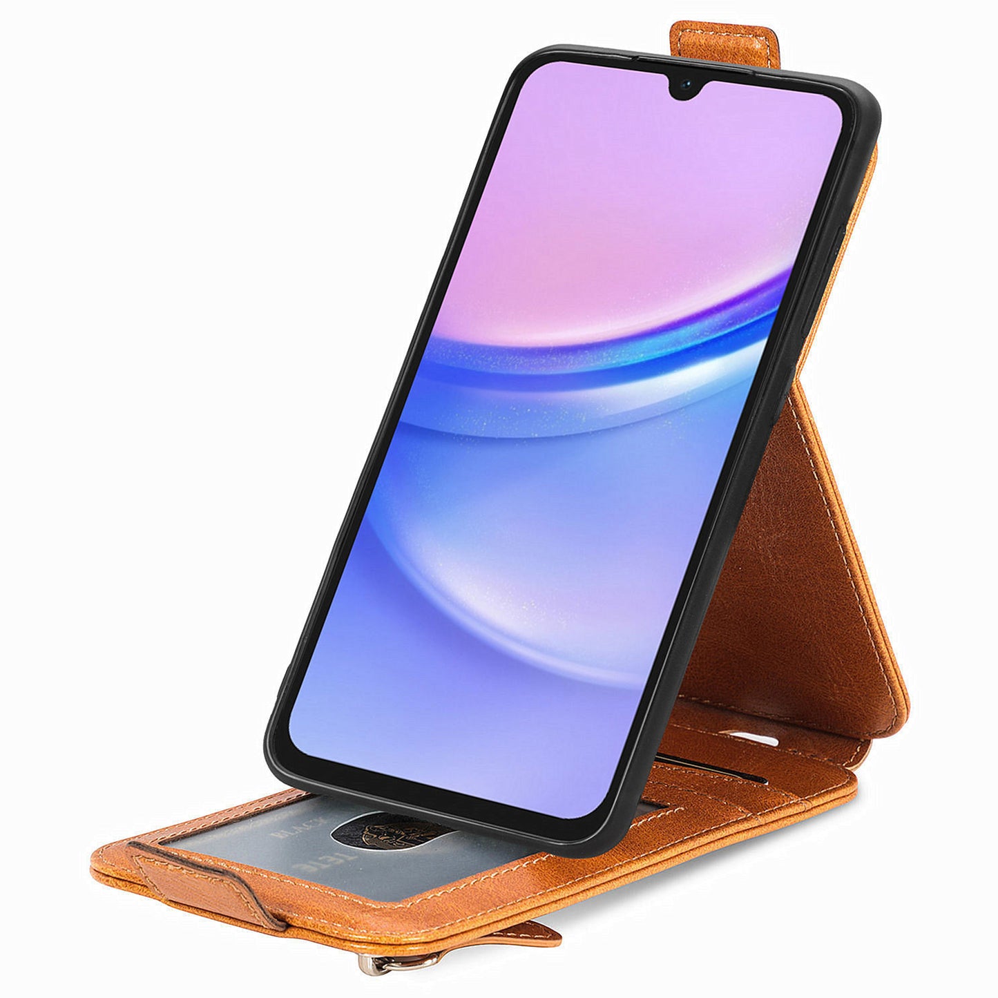 For Samsung Galaxy A15 4G Case Zipper Pocket PU Leather Vertical Flip Wallet Phone Cover - Brown