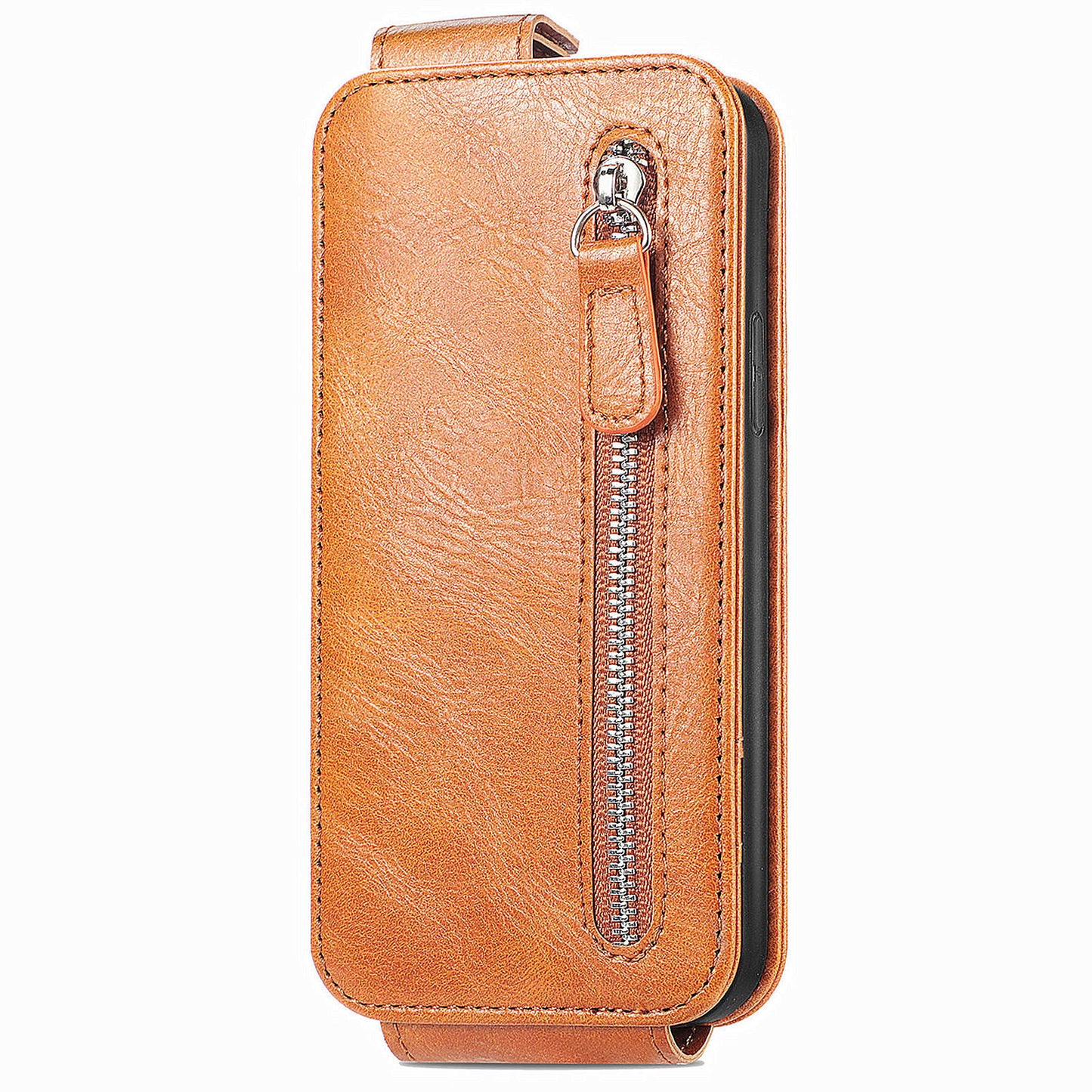 For Samsung Galaxy A15 4G Case Zipper Pocket PU Leather Vertical Flip Wallet Phone Cover - Brown