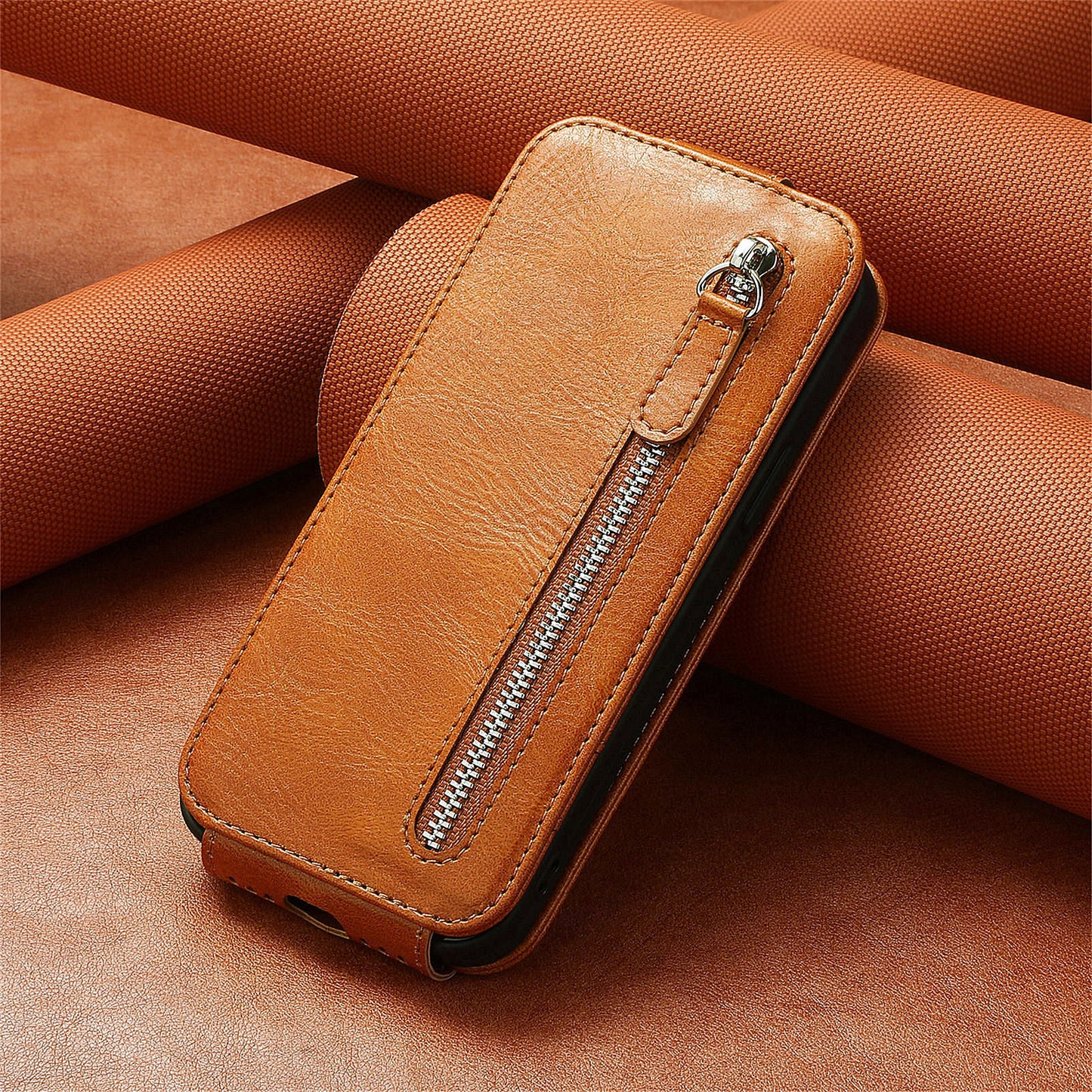 For Samsung Galaxy A15 4G Case Zipper Pocket PU Leather Vertical Flip Wallet Phone Cover - Brown