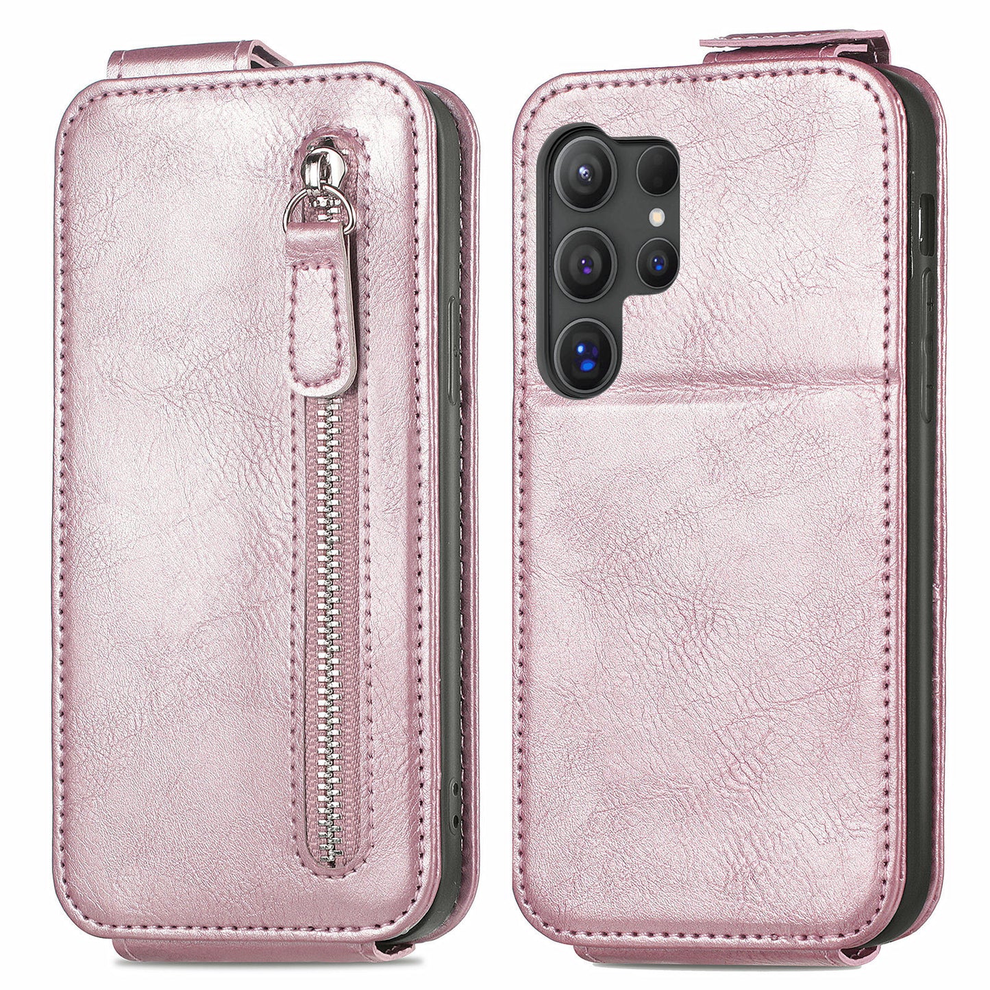For Samsung Galaxy S24 Ultra Case Zipper Wallet Leather Cover Cell Phone Accessory Wholesale - Rose Gold