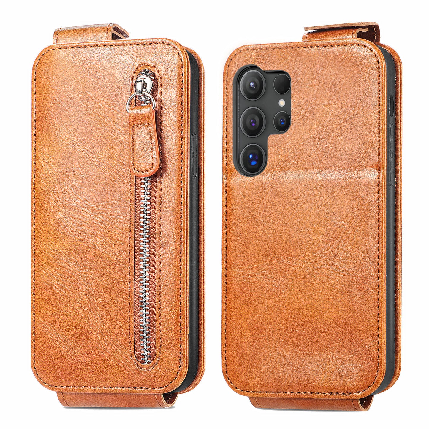 For Samsung Galaxy S24 Ultra Case Zipper Wallet Leather Cover Cell Phone Accessory Wholesale - Brown