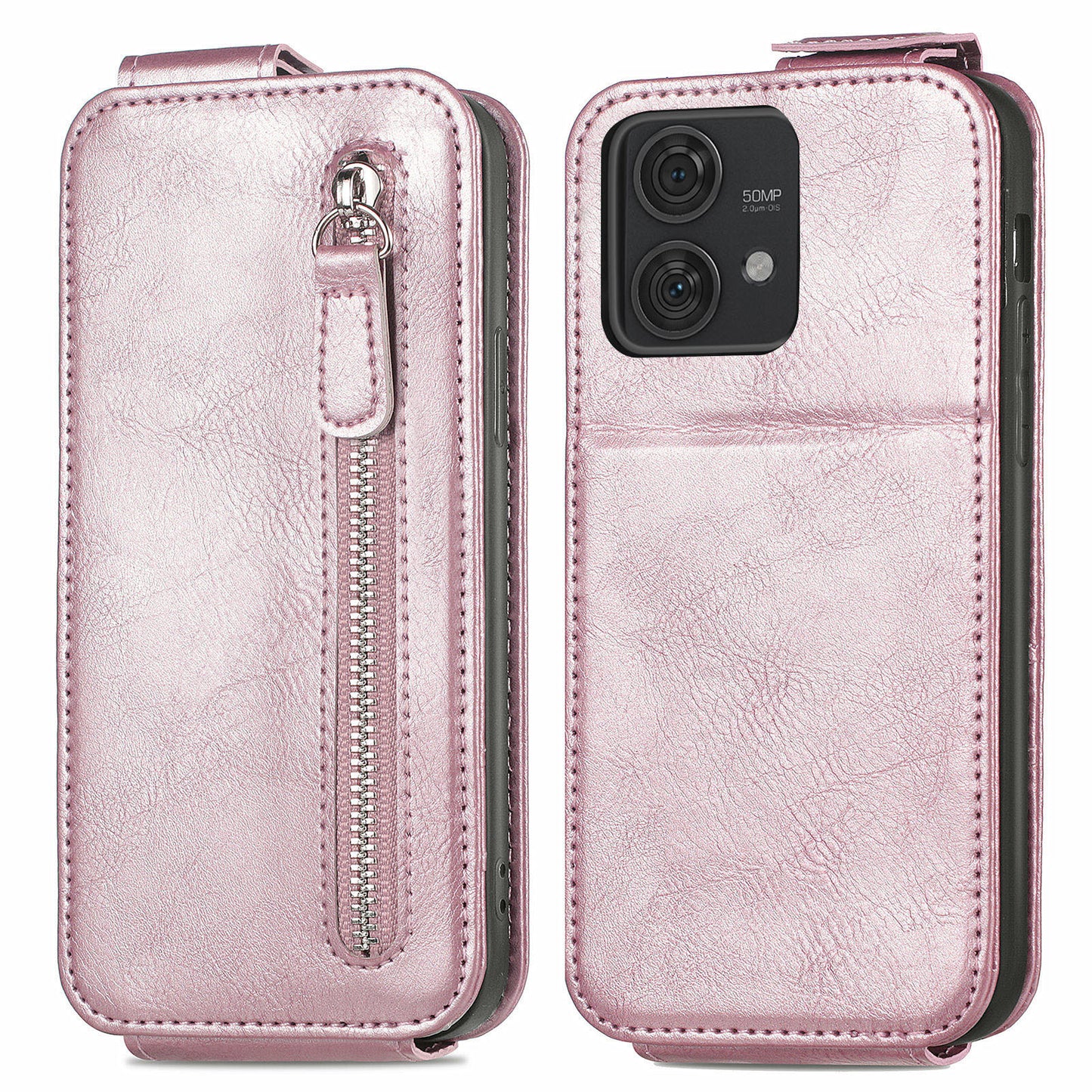 For Motorola Edge 40 Neo 5G PU Leather Phone Case Shockproof Vertical Flip Zipper Wallet Cover - Rose Gold
