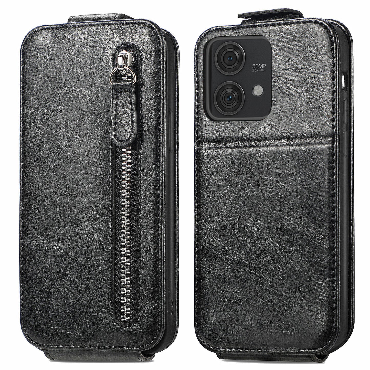 For Motorola Edge 40 Neo 5G PU Leather Phone Case Shockproof Vertical Flip Zipper Wallet Cover - Black