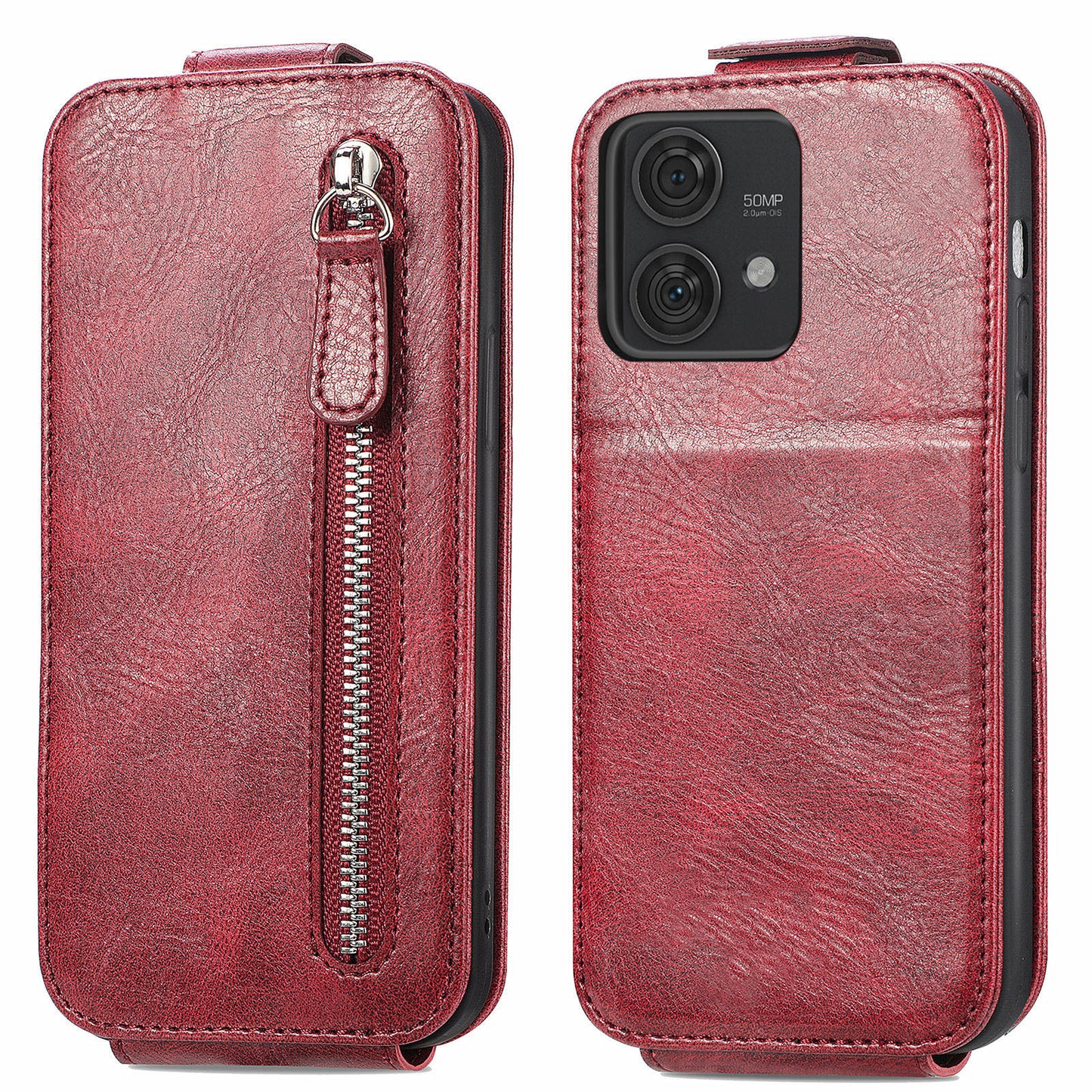 For Motorola Edge 40 Neo 5G PU Leather Phone Case Shockproof Vertical Flip Zipper Wallet Cover - Wine Red
