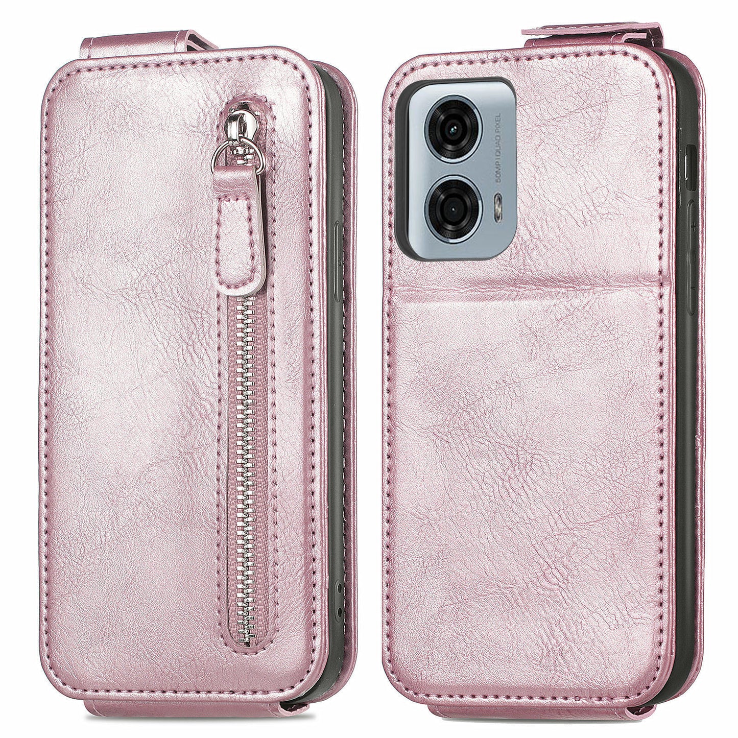 For Motorola Moto G24 Power Phone Case Zipper Pocket Vertical Flip Leather Stand Anti-drop Cover - Rose Gold