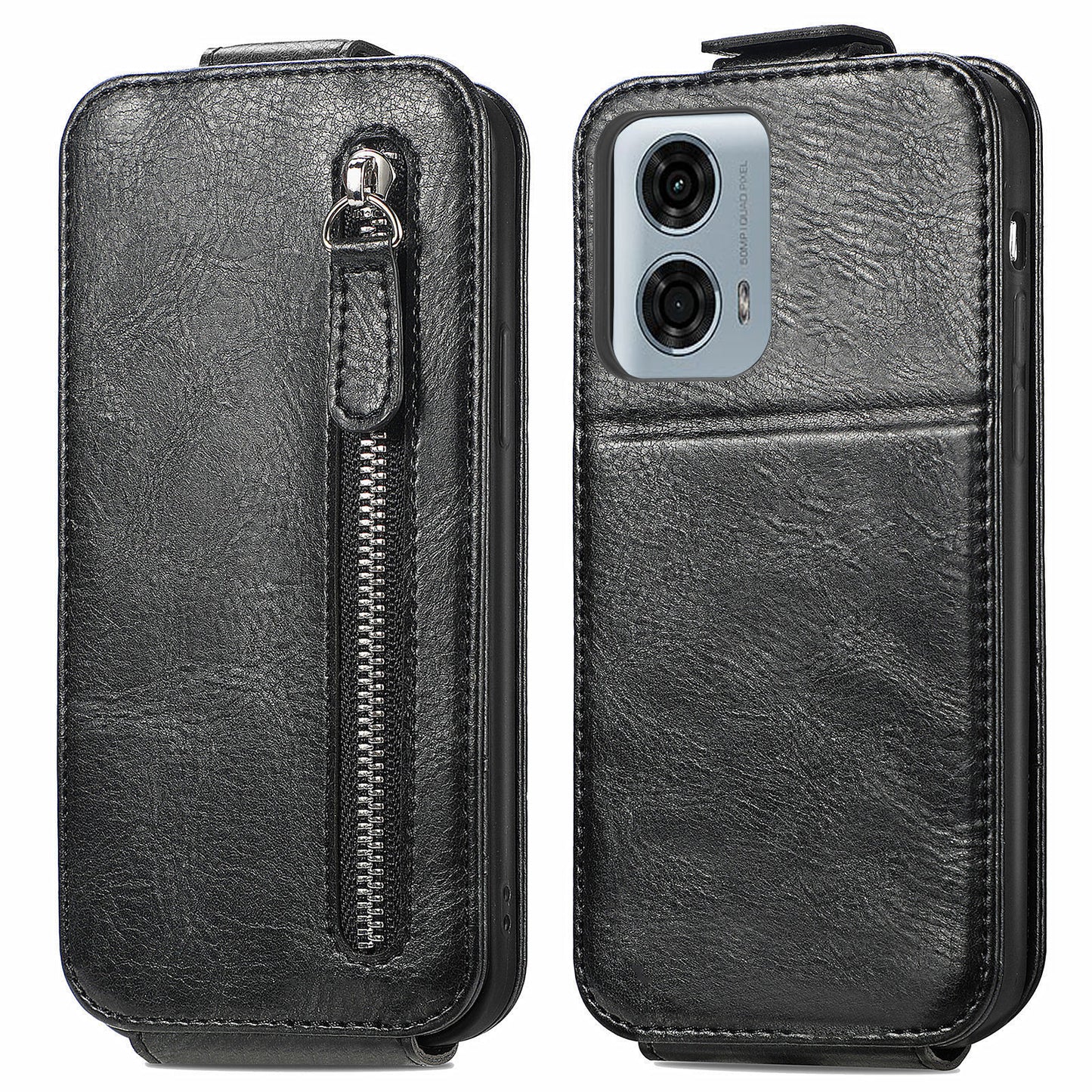 For Motorola Moto G24 Power Phone Case Zipper Pocket Vertical Flip Leather Stand Anti-drop Cover - Black