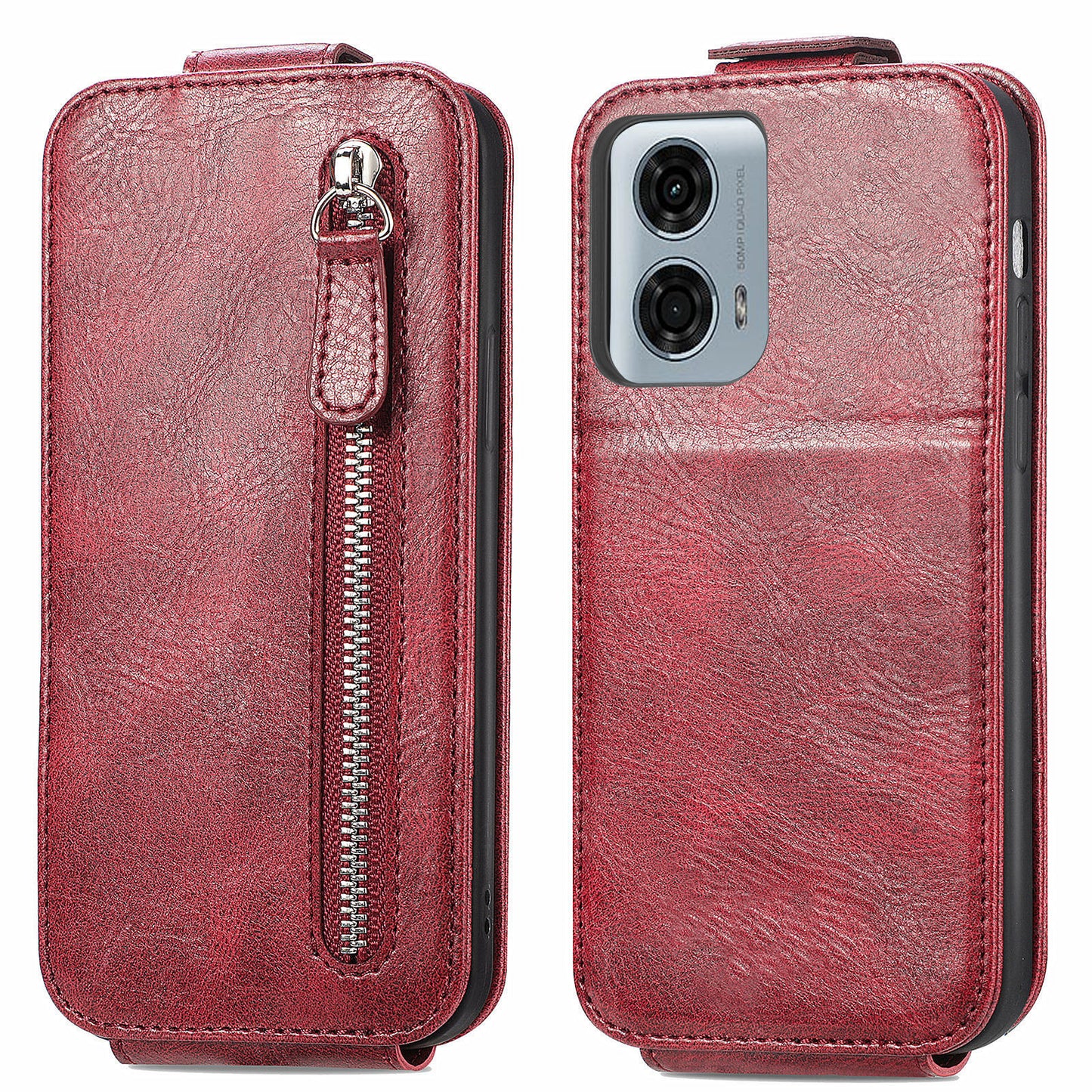 For Motorola Moto G24 Power Phone Case Zipper Pocket Vertical Flip Leather Stand Anti-drop Cover - Wine Red