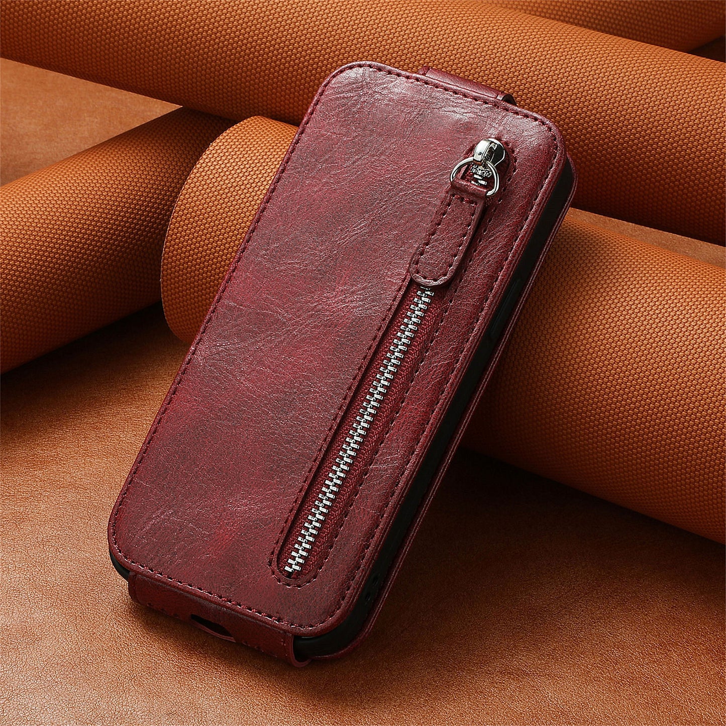 For Motorola Moto G24 Power Phone Case Zipper Pocket Vertical Flip Leather Stand Anti-drop Cover - Wine Red