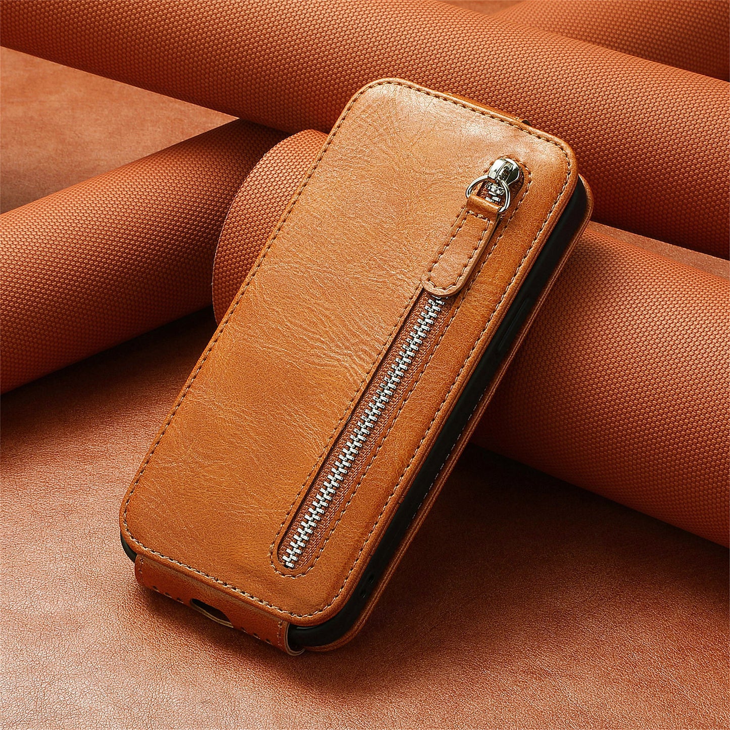 For Motorola Moto G24 Power Phone Case Zipper Pocket Vertical Flip Leather Stand Anti-drop Cover - Brown