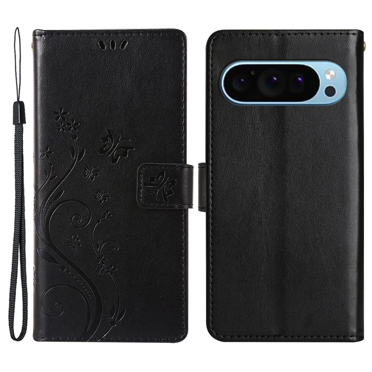 For Google Pixel 9 Case Butterfly Pattern PU Leather Wallet Phone Cover - Black