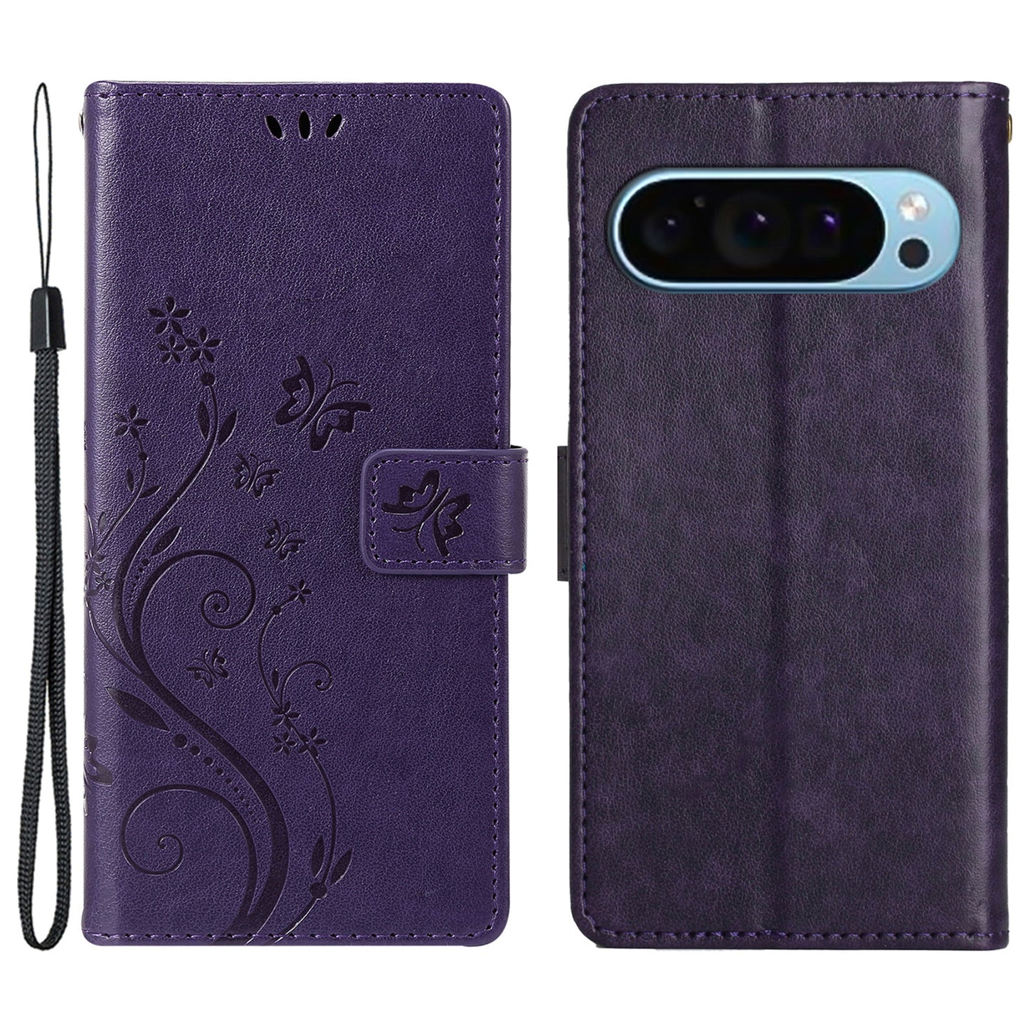For Google Pixel 9 Case Butterfly Pattern PU Leather Wallet Phone Cover - Dark Purple