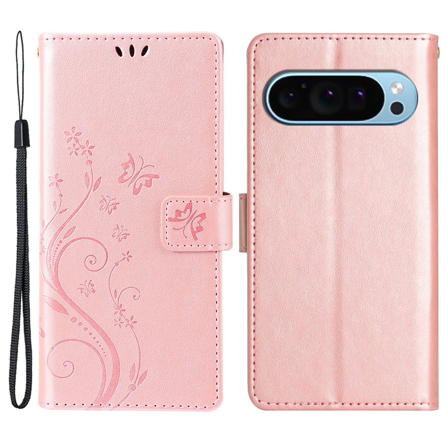 For Google Pixel 9 Case Butterfly Pattern PU Leather Wallet Phone Cover - Rose Gold