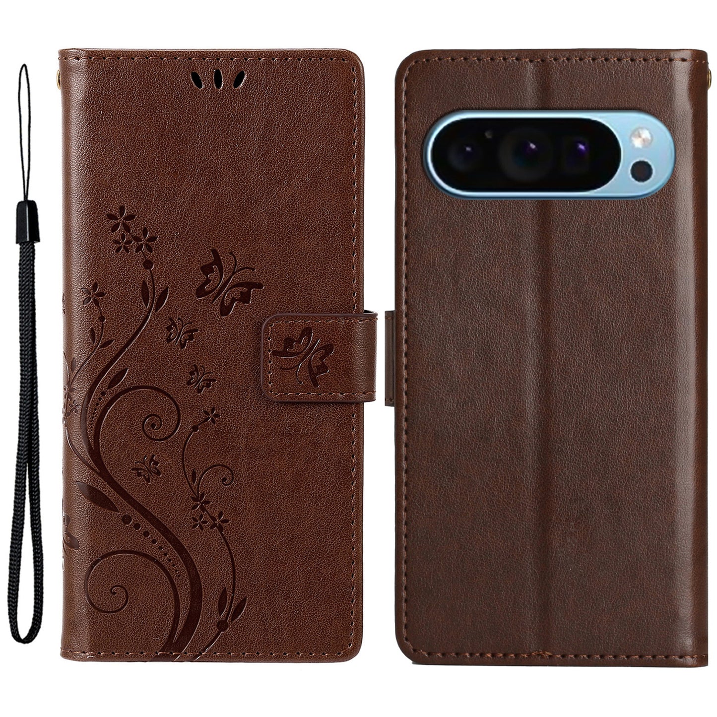For Google Pixel 9 Case Butterfly Pattern PU Leather Wallet Phone Cover - Brown