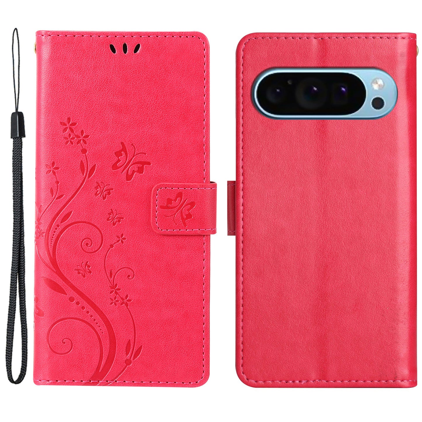 For Google Pixel 9 Case Butterfly Pattern PU Leather Wallet Phone Cover - Red