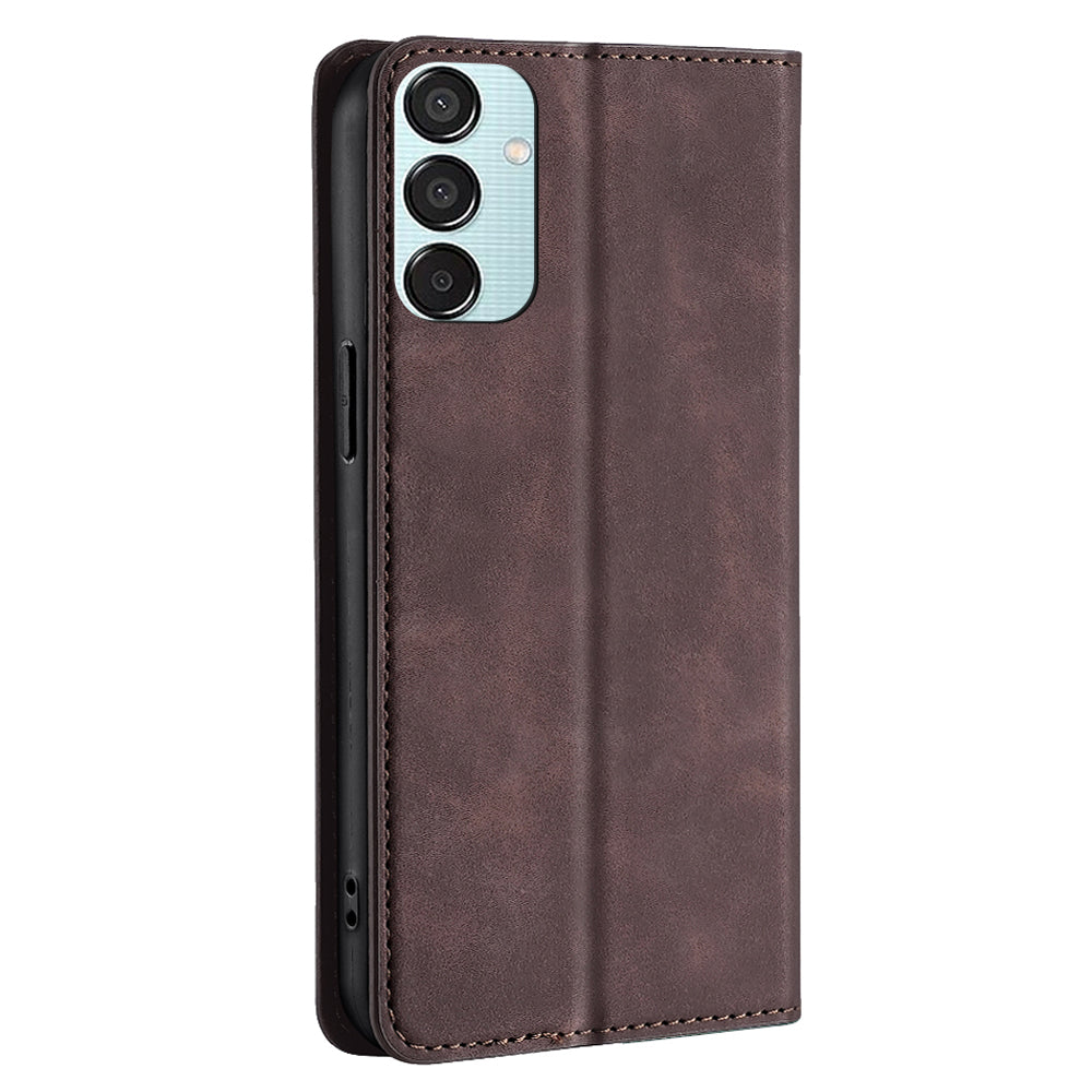 For Samsung Galaxy M15 5G Case Anti-drop Stand Card Holder PU Leather Phone Cover - Dark Brown
