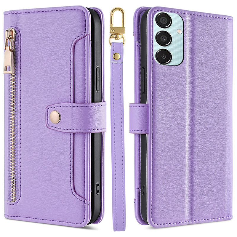 For Samsung Galaxy M15 5G Leather Case Wallet Zipper Phone Cover with 2 Straps - Purple
