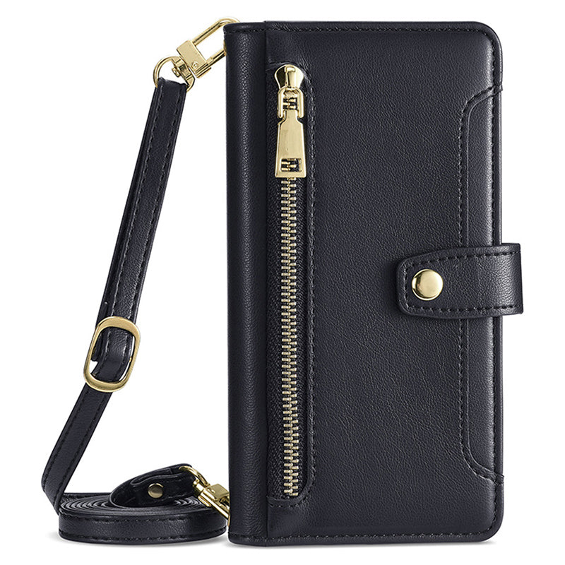 For Samsung Galaxy M15 5G Leather Case Wallet Zipper Phone Cover with 2 Straps - Black