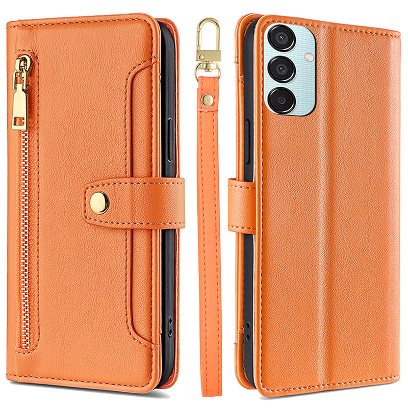 For Samsung Galaxy M15 5G Leather Case Wallet Zipper Phone Cover with 2 Straps - Orange