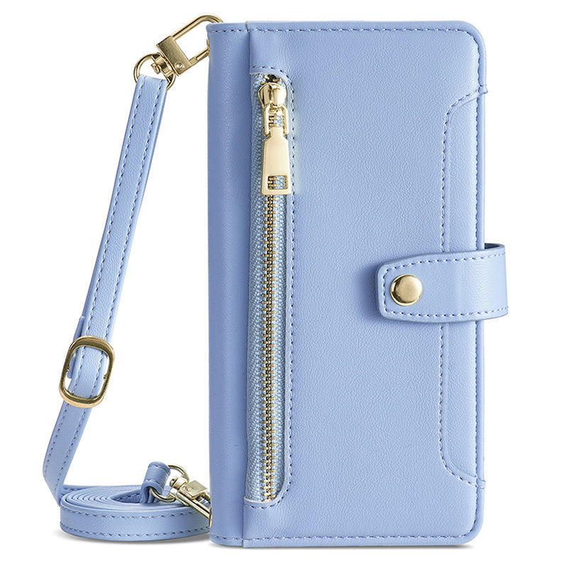 For Samsung Galaxy M15 5G Leather Case Wallet Zipper Phone Cover with 2 Straps - Blue