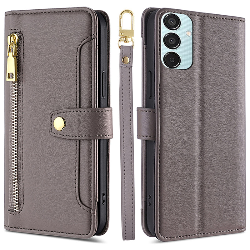 For Samsung Galaxy M15 5G Leather Case Wallet Zipper Phone Cover with 2 Straps - Grey