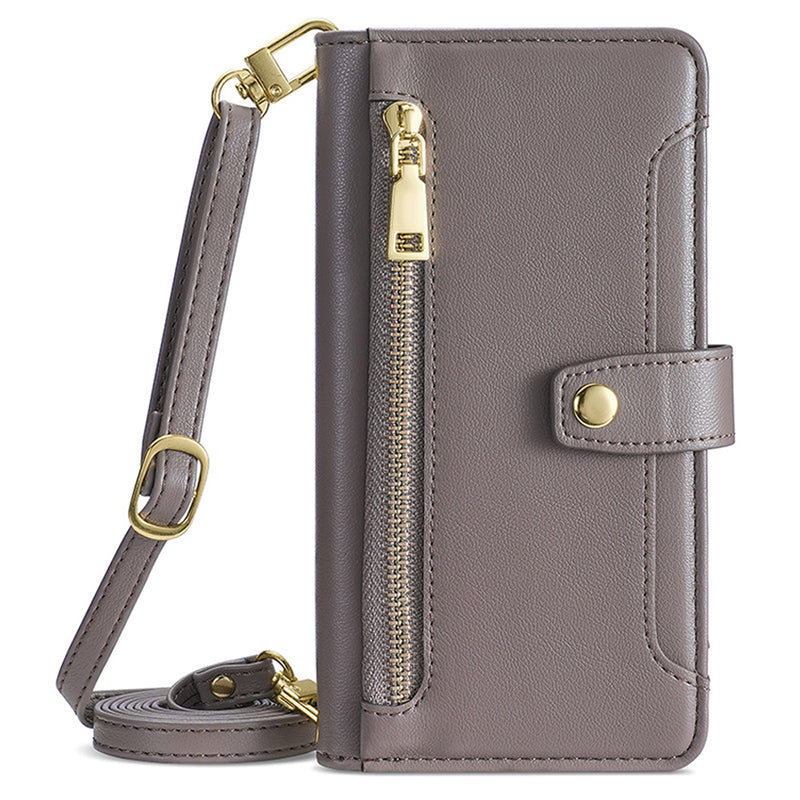 For Samsung Galaxy M15 5G Leather Case Wallet Zipper Phone Cover with 2 Straps - Grey