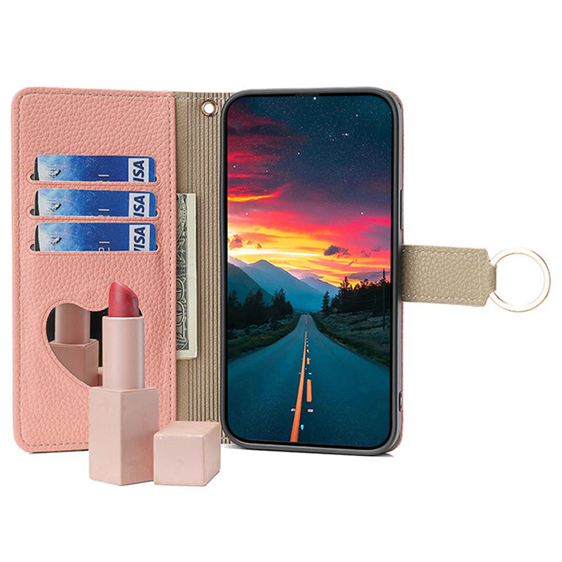 For Samsung Galaxy M15 5G Leather Case Zipper Wallet Crossbody Phone Cover with Mirror - Pink