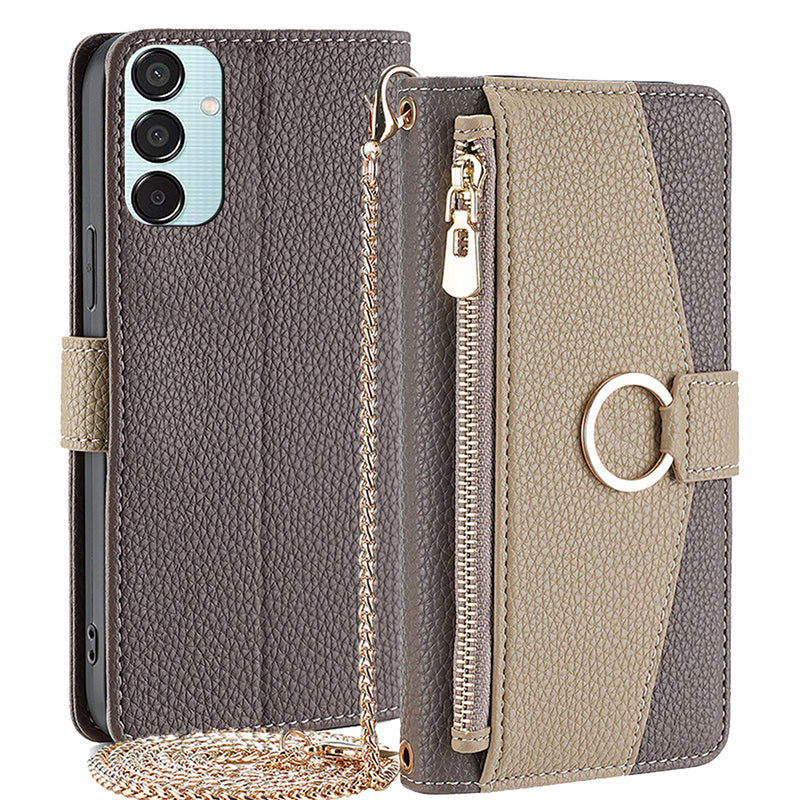 For Samsung Galaxy M15 5G Leather Case Zipper Wallet Crossbody Phone Cover with Mirror - Grey