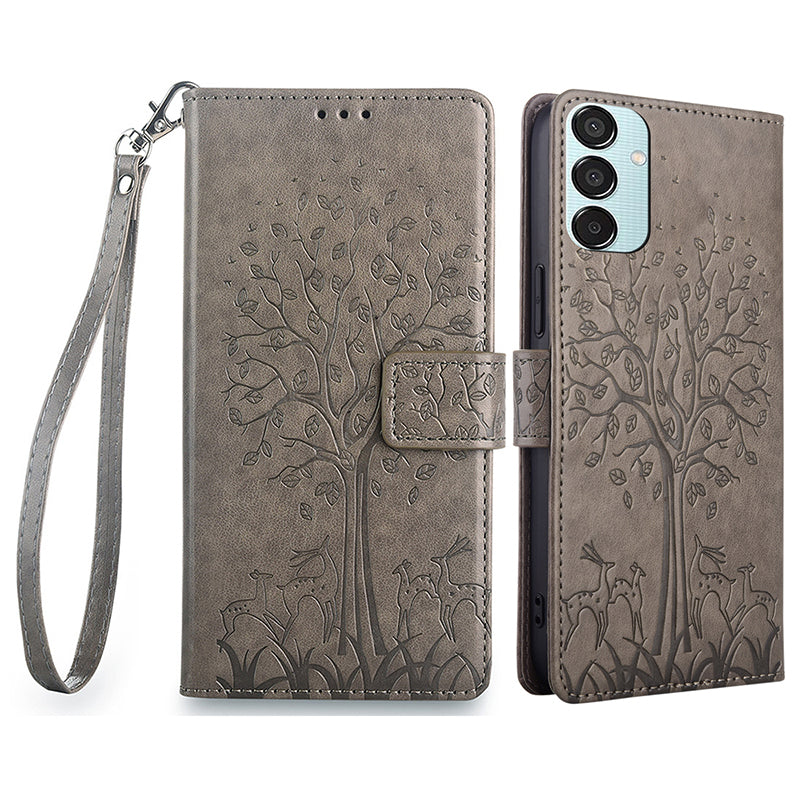 For Samsung Galaxy M15 5G Leather Case with 3 Card Slots Tree Pattern Phone Cover - Grey