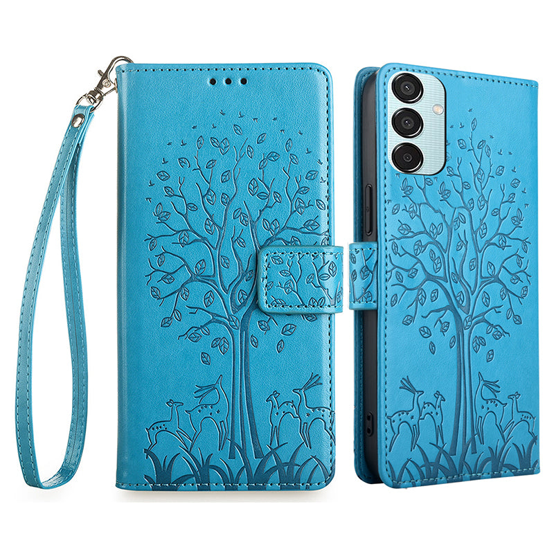 For Samsung Galaxy M15 5G Leather Case with 3 Card Slots Tree Pattern Phone Cover - Blue