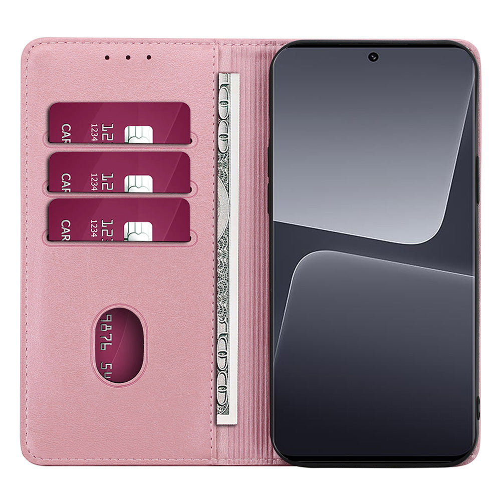 For Xiaomi 14 Ultra Case Calf Texture PU Leather Wallet Phone Cover - Rose Gold