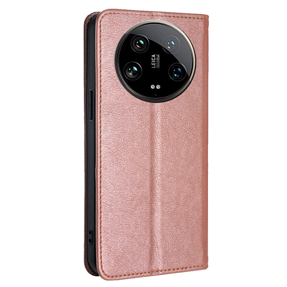 For Xiaomi 14 Ultra Case PU Leather Wallet Cover Magnetic Closing Phone Shell - Rose Gold