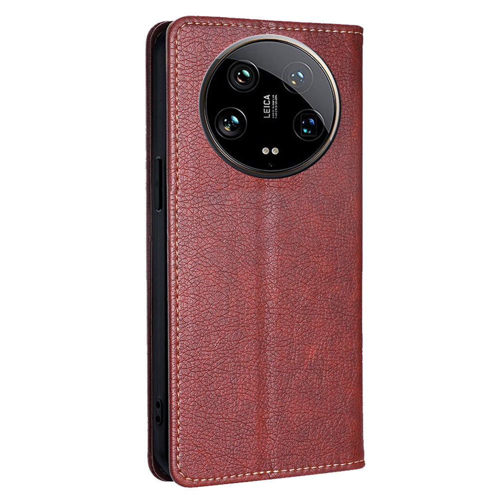For Xiaomi 14 Ultra Case PU Leather Wallet Cover Magnetic Closing Phone Shell - Brown