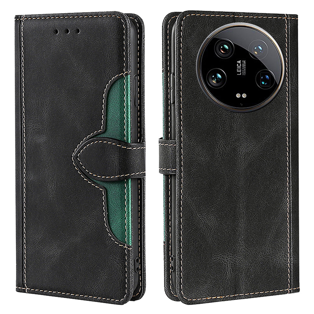 Skin-touch Shell for Xiaomi 14 Ultra Straw Hat Phone Cover PU Leather Stand Wallet Case - Black