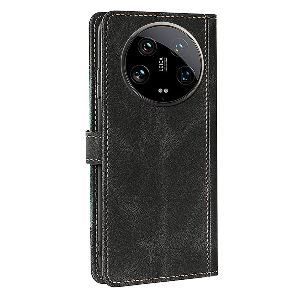Skin-touch Shell for Xiaomi 14 Ultra Straw Hat Phone Cover PU Leather Stand Wallet Case - Black