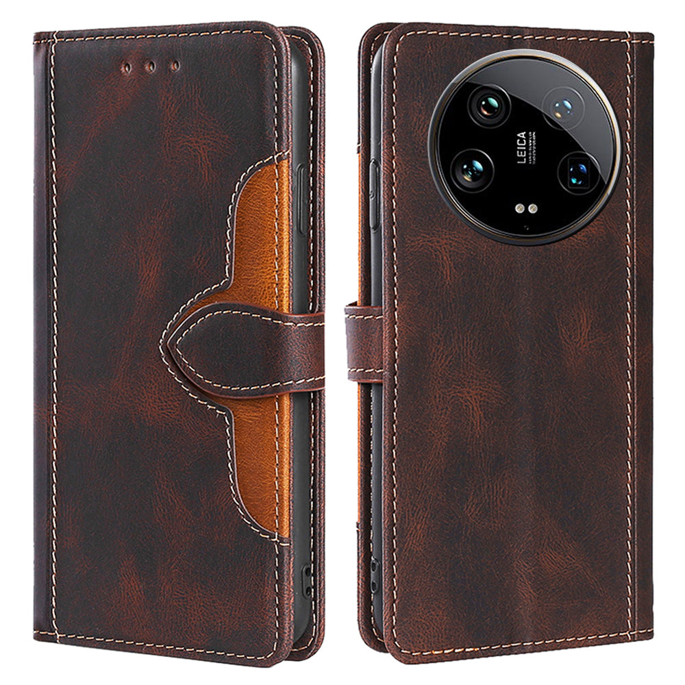 Skin-touch Shell for Xiaomi 14 Ultra Straw Hat Phone Cover PU Leather Stand Wallet Case - Brown