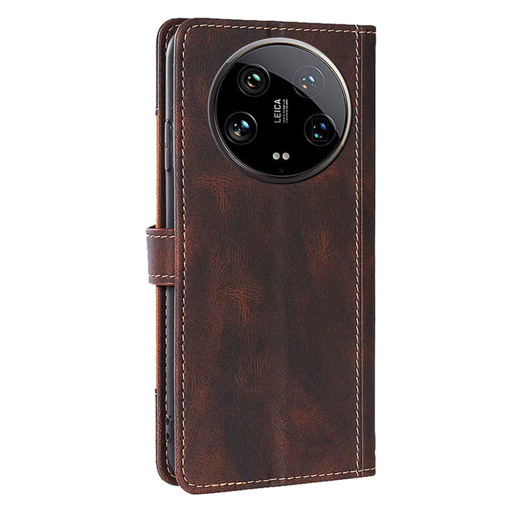 Skin-touch Shell for Xiaomi 14 Ultra Straw Hat Phone Cover PU Leather Stand Wallet Case - Brown