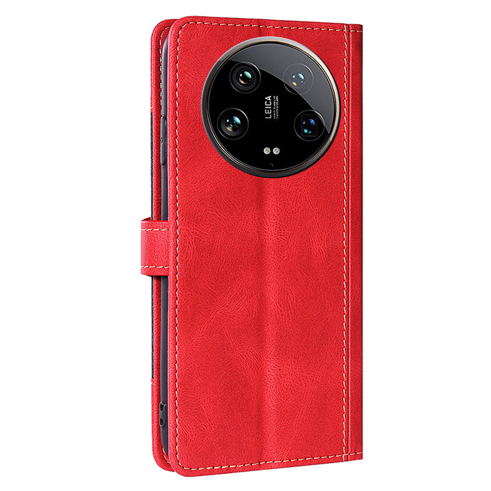 Skin-touch Shell for Xiaomi 14 Ultra Straw Hat Phone Cover PU Leather Stand Wallet Case - Red